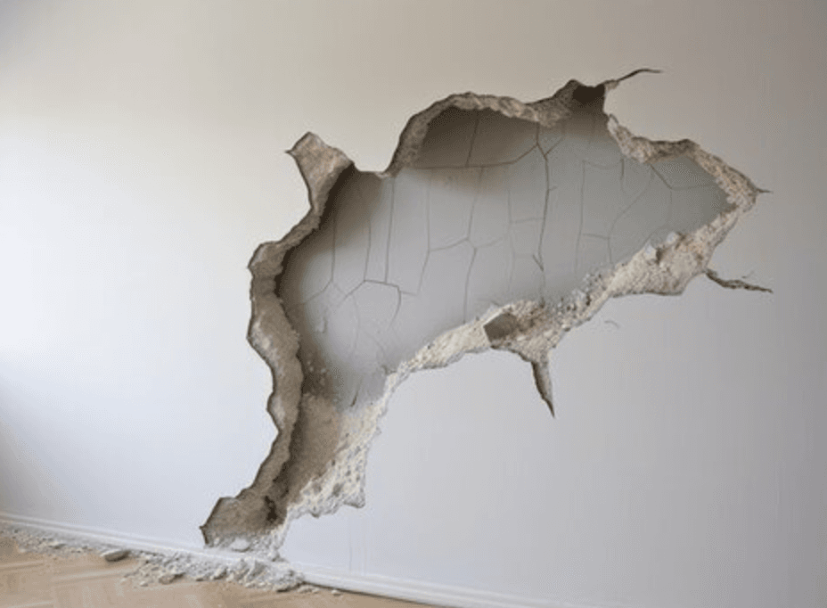 Large hole in a drywall wall before repair