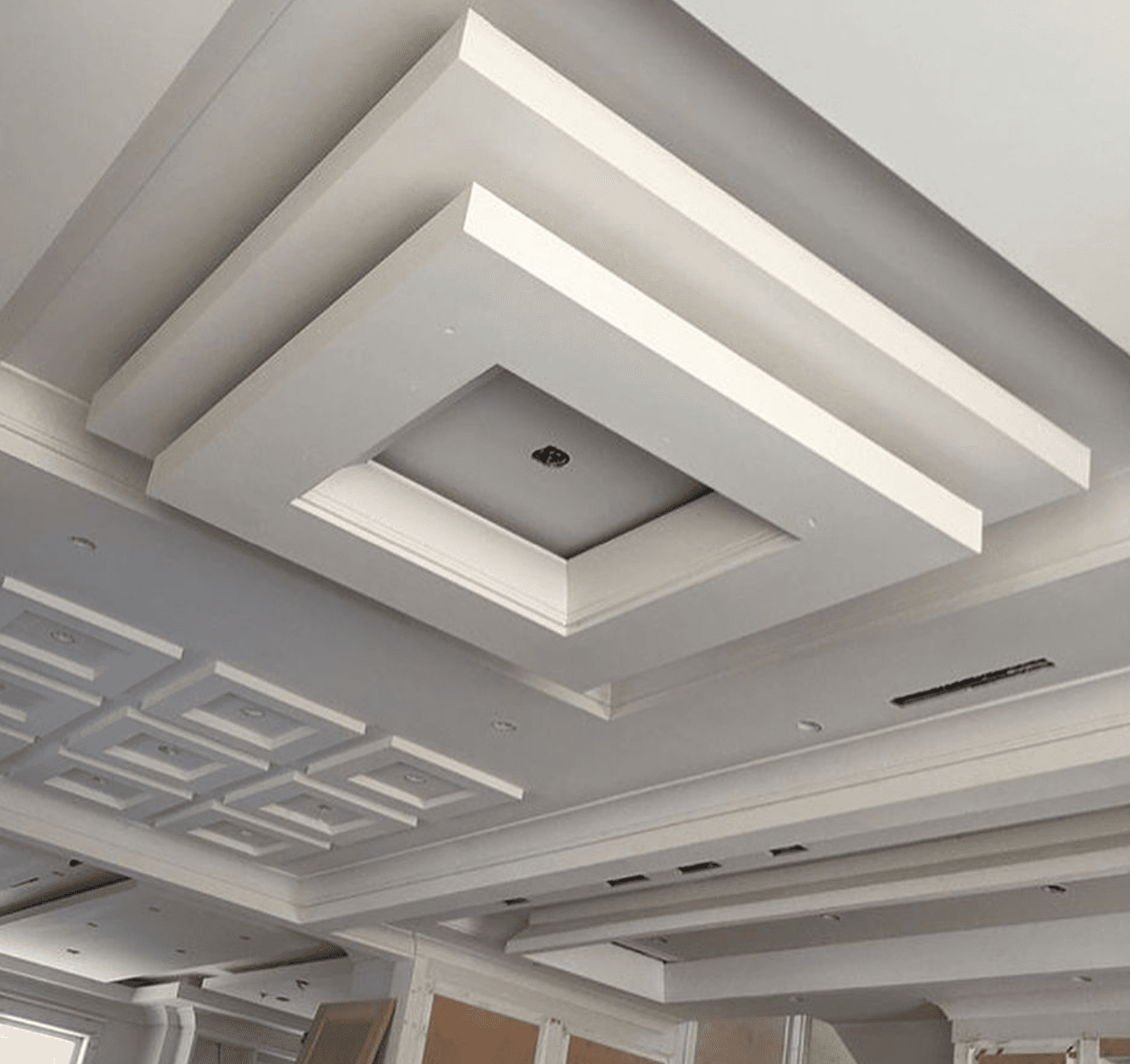 Coffered drywall ceiling with recessed lighting